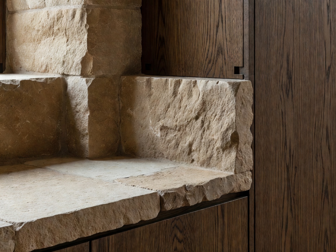 Close-up of hand-tooled Spanish sandstone block joinery paired with smoked European oak cabinetry