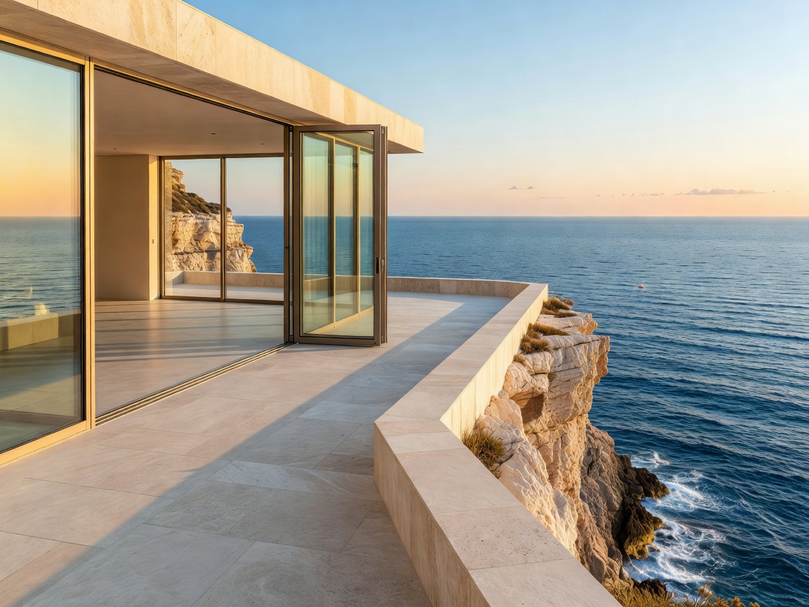 Coastal cliffside home overlooking azure sea with floor-to-ceiling slim pivot doors and limestone terrace