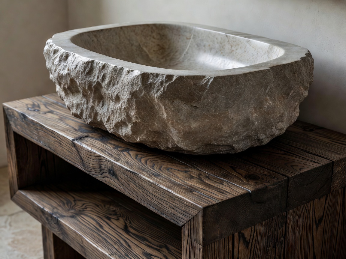Detailed view of carved solid stone washbasin resting on bespoke smoked oak timber vanity
