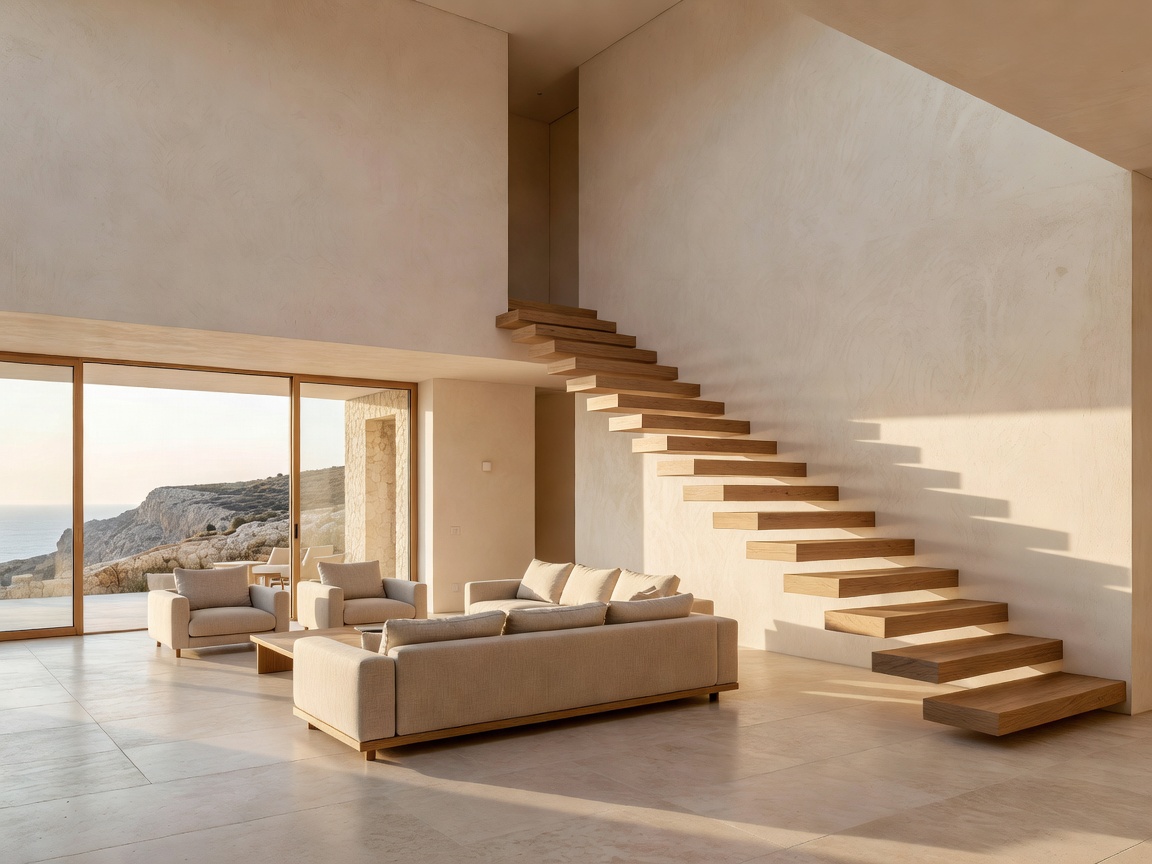Double-height living pavilion inside a contemporary Mediterranean villa with lime plaster and floating oak stairs