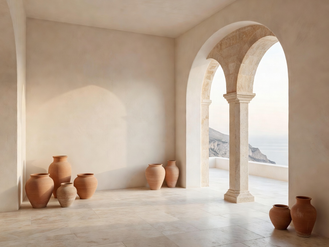 Minimalist Mediterranean interior featuring polished plaster walls, terracotta urns, and open arched loggia
