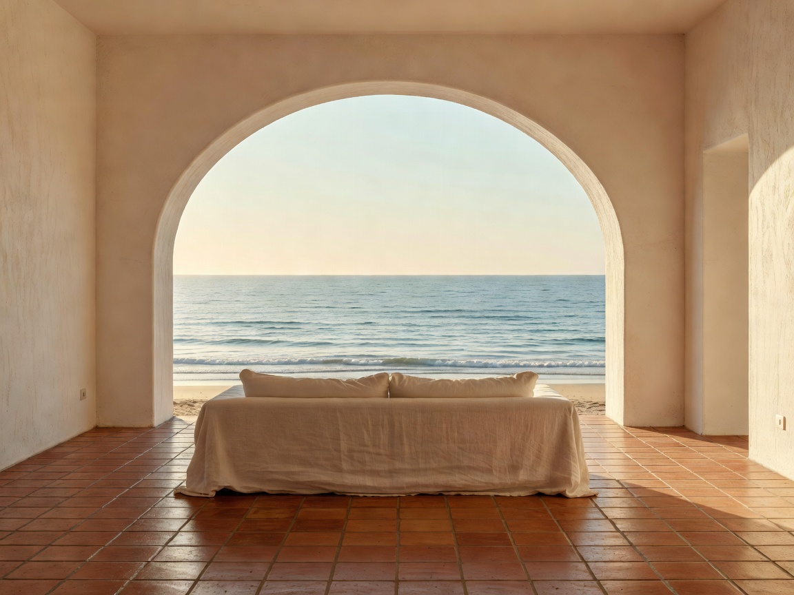 Oceanfront living room with arched sea-facing opening, terracotta floor tiles, and low linen sofa