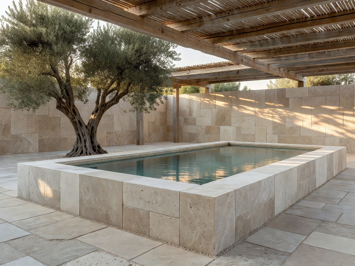 Outdoor courtyard with monolithic travertine pool surround, mature olive tree, and timber lath pergola