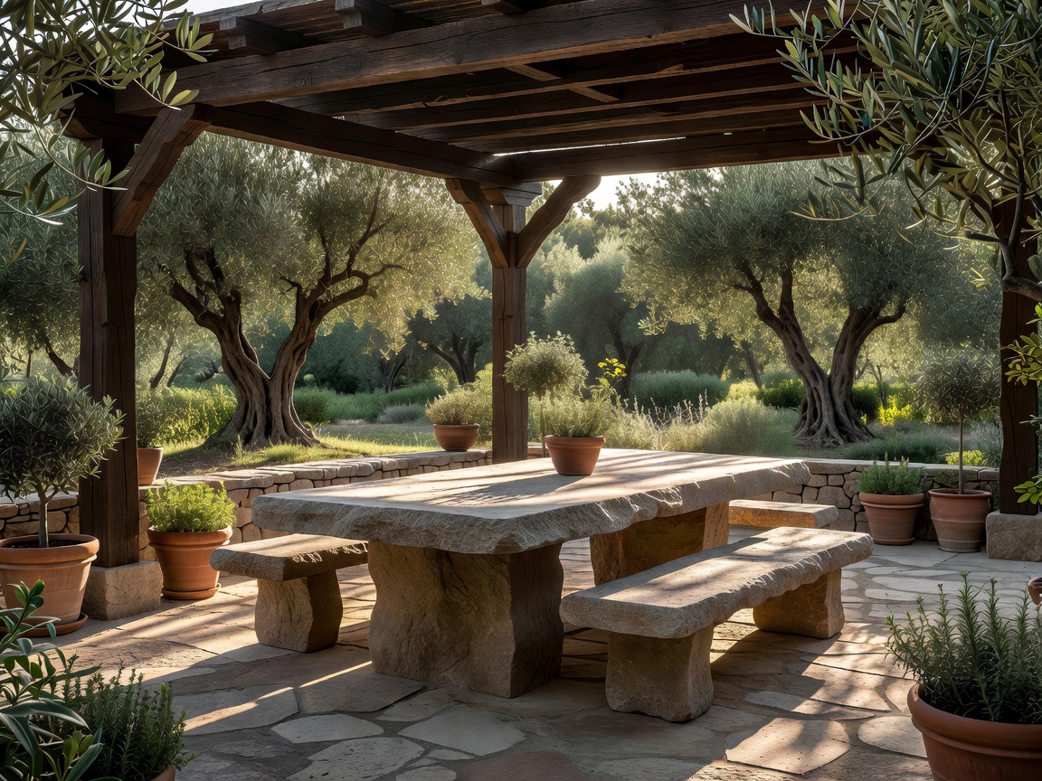 Outdoor Mediterranean dining patio shaded by dark timber pergola over monolithic stone dining table and olive garden