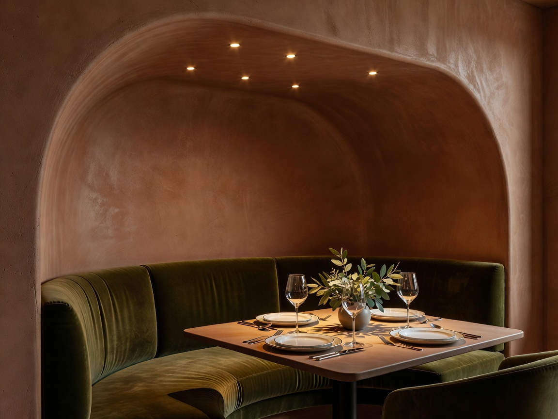 Sophisticated intimate restaurant dining room with curved clay wall niche, olive velvet banquette, and warm pinpoint spotlights