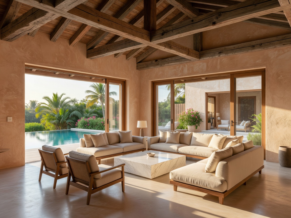 Sunlit luxury villa living pavilion with exposed timber beams and textured sand-tinted plaster walls